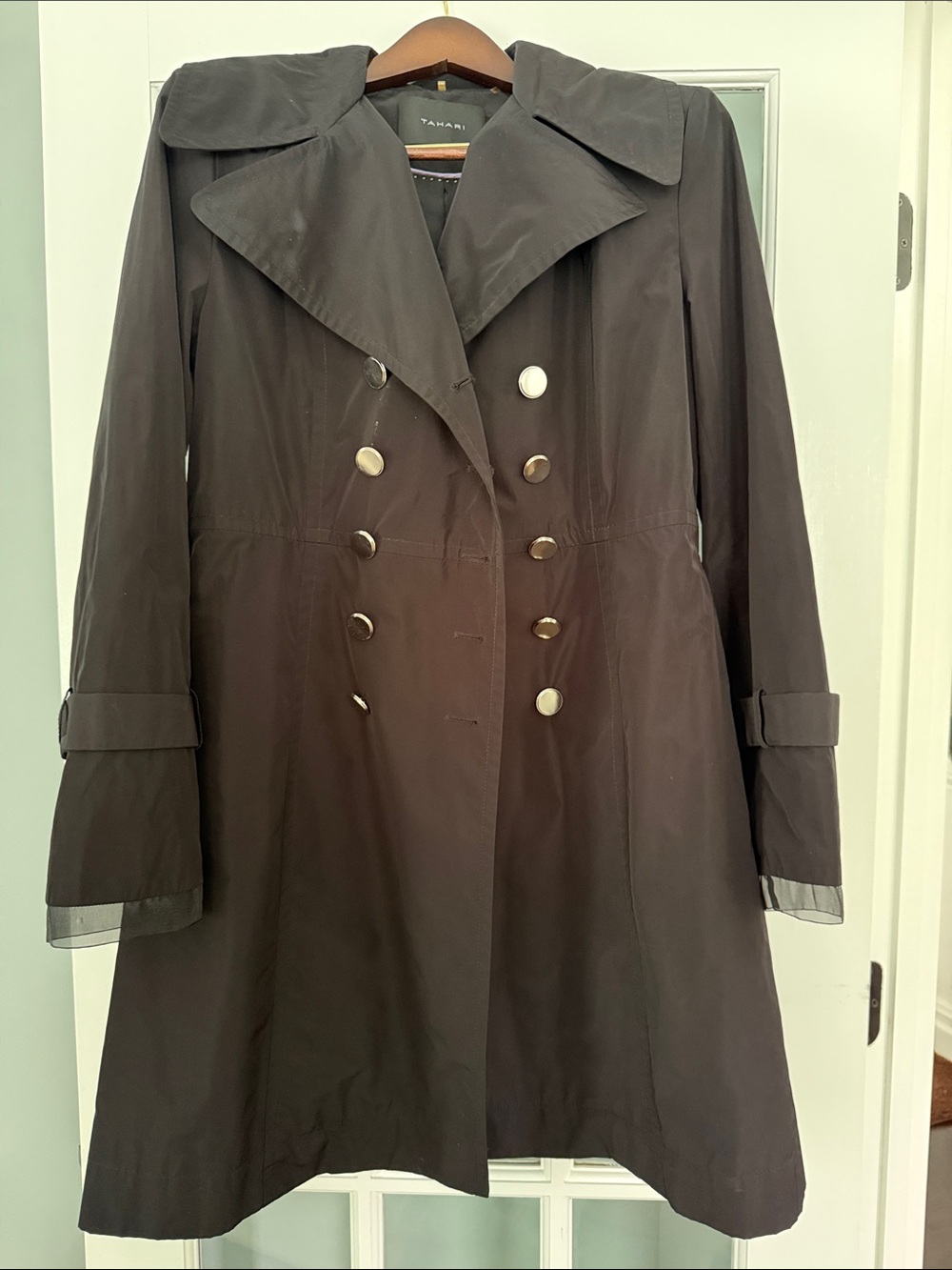 Tahari Black Double-Breasted Trench with Statement Buttons, side pockets